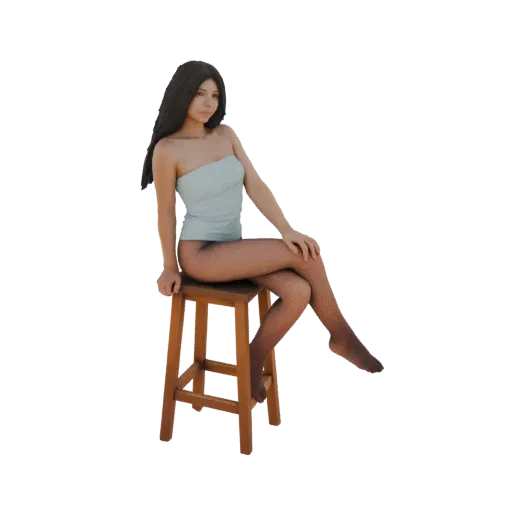 3D model of a young woman with long dark hair, wearing a light blue strapless top and patterned stockings, sitting on a woode