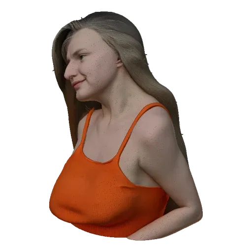 3D model of an AI-generated woman with blonde hair, wearing an orange tank top, shown from the side.
