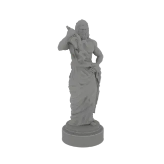 Modello 3D di una statua grigia di un medico greco antico con barba, vestito con toghe e impugnante un bastone, in piedi su u