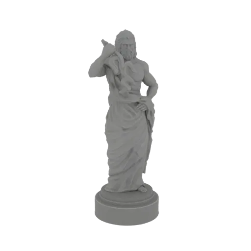 Modelo 3D de uma estátua cinza de um médico grego antigo com barba, vestindo túnicas e segurando um cajado, em pé sobre uma b