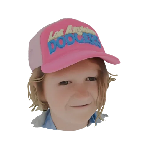 Modello 3D di un giovane con cappellino rosa da camionista dei Los Angeles Dodgers e camicia blu, con capelli biondi.