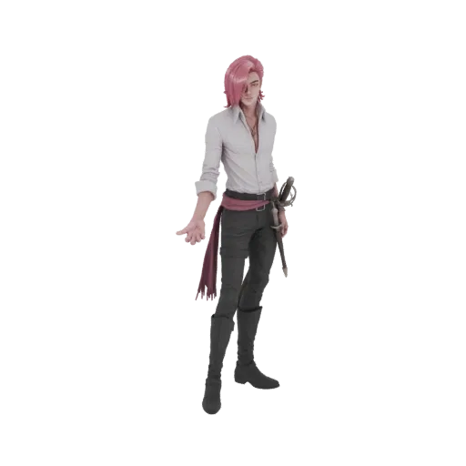 3D-Modell eines Piratkapitäns mit rosa Haaren, weißem Hemd, roter Schärpe, dunkler Hose und Schwert, stehend mit einer ausges