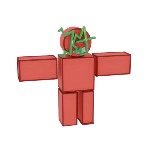 3D render of a red blocky character with a large red head and vibrant green spiky hair, standing with arms outstretched.