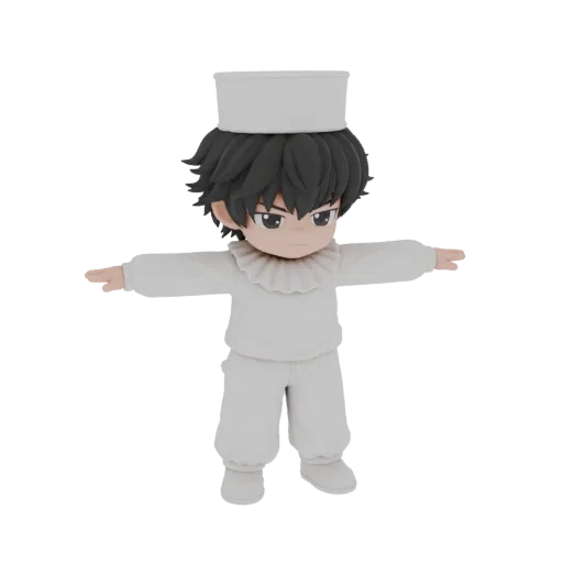 3D model render of a cute Chibi boy character dressed as a baker, wearing a white hat and uniform, with arms outstretched.