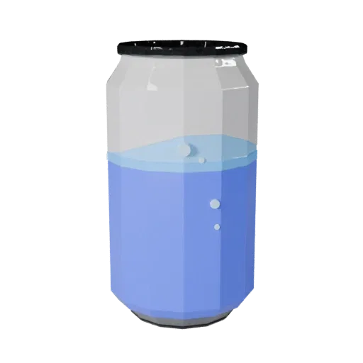 Sparkling Soda Can Low Poly 3D model, game viewport three-quarter view, showing glass, container shape.
