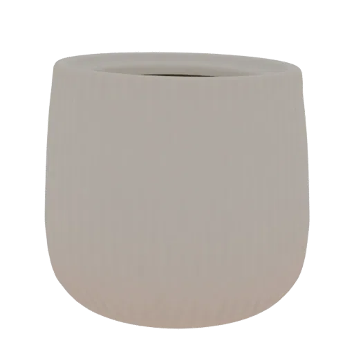 A 3D render of a light beige, textured planter pot with vertical ribs and a matte finish, isolated on a white background.