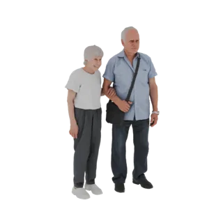 Modello 3D di un uomo e una donna anziani che camminano insieme, a braccetto, con sorrisi gentili.