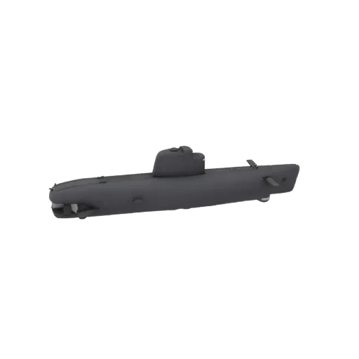A 3D render of a dark grey submarine with a sleek hull and sail, presented against a black background.