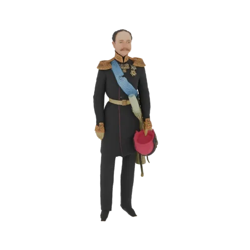 3D model of a 19th-century military officer in a dark uniform with a blue sash and red helmet, standing at attention.