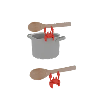 Uma renderização 3D de um caranguejo vermelho com as garras apoiadas na borda de uma panela cinza, segurando uma colher de ma