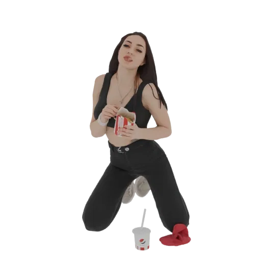 3D model of a woman kneeling, holding a fast food box, with a drink and red cloth on the floor.