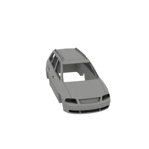 Modello 3D di una station wagon Audi A6 C5 Avant grigia, vista da un'angolazione anteriore a tre quarti su sfondo bianco.