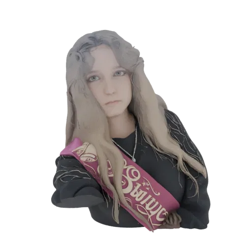 Modello 3D di una giovane donna con capelli biondi, che indossa un abito nero e una fascia rosa con decorazioni dorate.