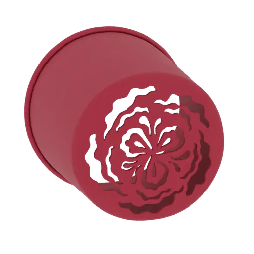 Uma renderização 3D de uma lanterna cilíndrica vermelho escuro com um padrão floral intrincado cortado a laser em seu lado, p