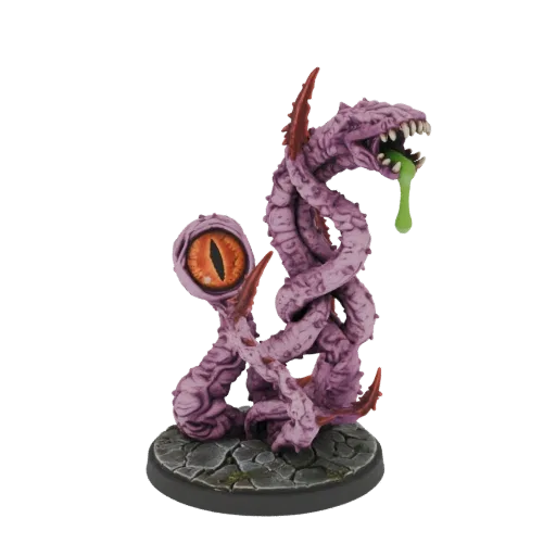 3D model of a grotesque purple tentacle monster with a large orange eye and a drooling maw, standing on a cobblestone base.