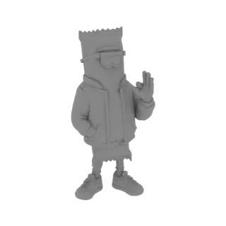 Ein 3D-Render von Bart Simpson im Hype-Outfit mit Brille und Hoodie, eine Hand zum Stopp-Zeichen erhoben.