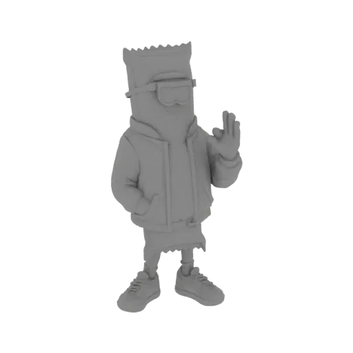 Uma renderização 3D de Bart Simpson com roupa hype, usando óculos e moletom, com uma mão levantada em um gesto de 'pare'.