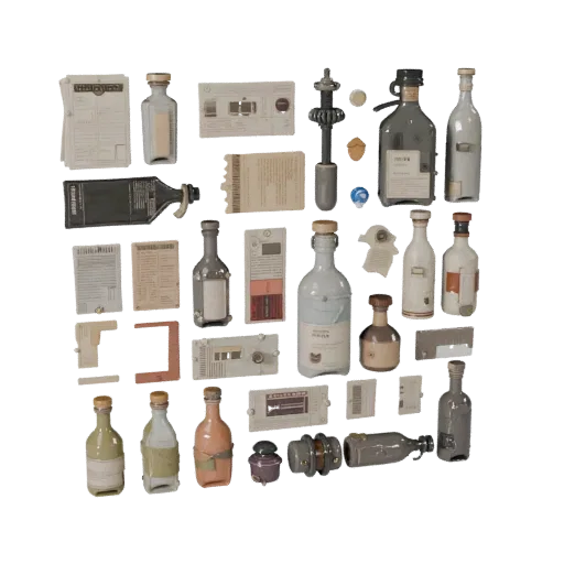 Urban Bottle Group 3D-Modell, Dreiviertel-Vorderansicht, Unreal Engine-Viewport, zeigt papierähnliche Karten, Formdetails.