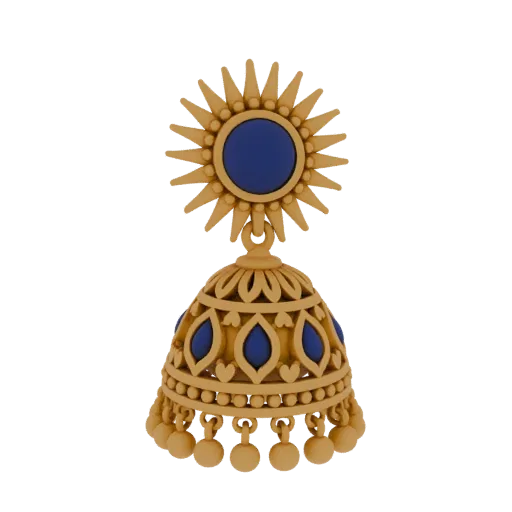 3D model of a golden Jhumka earring with a sun-like top and blue gemstone accents, featuring intricate bell-shaped design and