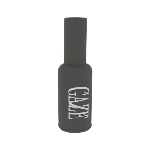 3D model of a matte dark gray GAZE nail polish bottle with white lettering.