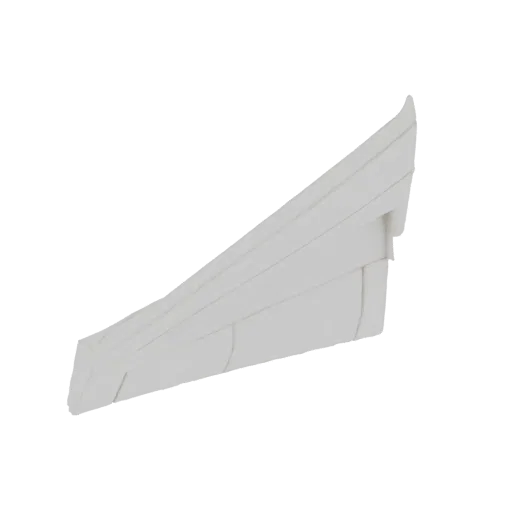 3D model of a white, geometric sculpture shaped like a stylized wing with sharp, layered planes.