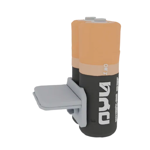 3D model of a gray wall mount for two Makita batteries, with batteries installed