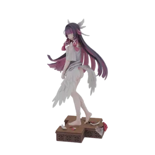 Modello 3D di una figura angelica con lunghi capelli viola e rosa, ali piumate bianche e una posa aggraziata su una base deco