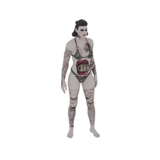 3D model of a tattooed woman in a camouflage bikini with a graphic of an eye and dollar bills on the front, standing against