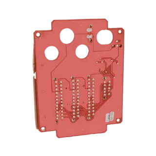 3D model of a red printed circuit board with multiple circular cutouts and visible copper traces, viewed from the underside.