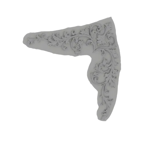 3D-Modell eines verzierten Eckakzents mit kunstvollen Blumen- und Akanthusblatt-Schnitzereien, gerendert in einem neutralen g