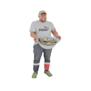 3D model of a smiling man wearing a cap and t-shirt, holding a large bowl filled with fish.