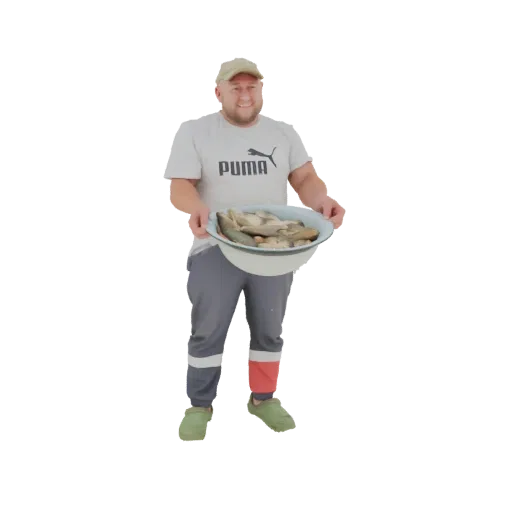 3D model of a smiling man wearing a cap and t-shirt, holding a large bowl filled with fish.