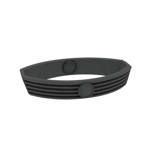 3D render of a dark grey bracelet with thin black stripes and two circular grey buttons.