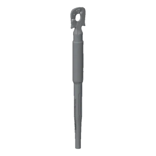3D model of a gray industrial hydraulic cylinder with a textured body and an integrated eyelet at the top.