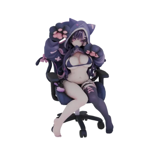 3D model of a Neko Girl character with purple hair and cat ears, wearing a bikini and hoodie, sitting in a blue gaming chair
