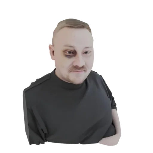 3D model render of a man with a black eye and mustache, wearing a dark t-shirt, looking slightly to the side.
