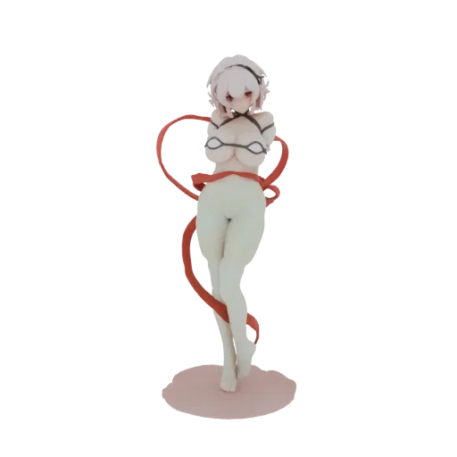3D model of an anime girl figure with short light hair and red eyes, posed elegantly with a red ribbon wrapped around her bod