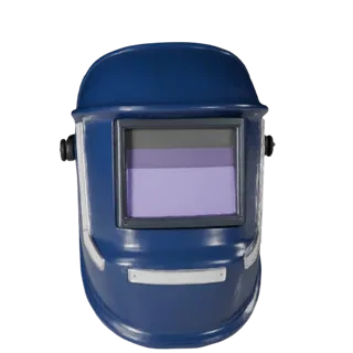 Modelo 3D de Máscara de Solda, vista de perfil lateral, renderização técnica de viewport, mostrando conchas plásticas, detalh