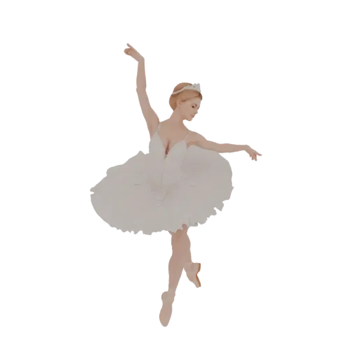 3D model of a ballerina in a white tutu, performing a graceful ballet pose with arms extended.
