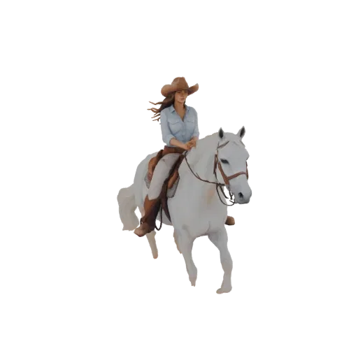 3D model of a cowgirl wearing a cowboy hat and denim shirt, riding a white horse in a dynamic pose.