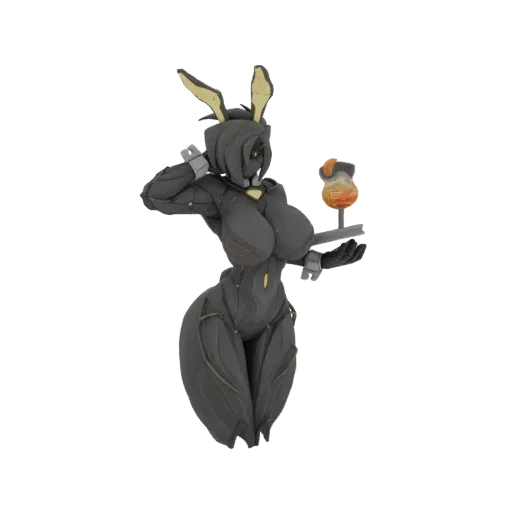 3D model of a bunny girl character in a dark sci-fi suit with gold trim, wearing rabbit ears and holding a drink on a tray.