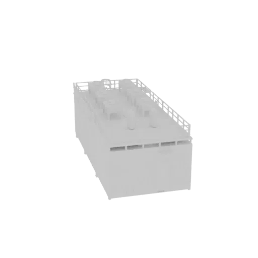 A white 3D model of an industrial HVAC unit with rooftop machinery and ventilation grilles, shown on a white background.