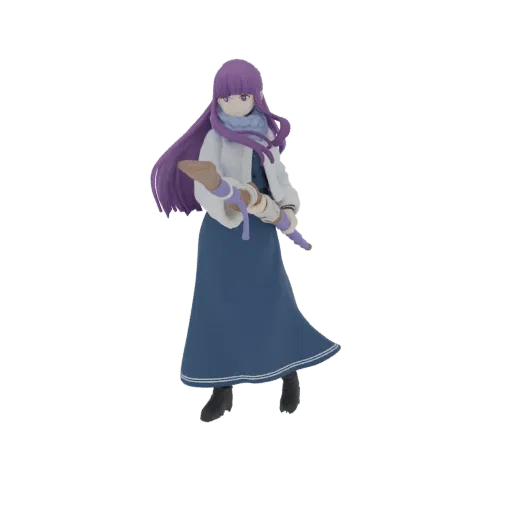 3D model of an anime girl with long purple hair, wearing a blue dress and white coat, holding a staff.