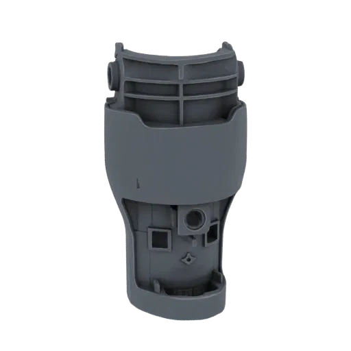 3D render of a gray industrial pipe connector with internal ribbing and mounting points, set against a black background.