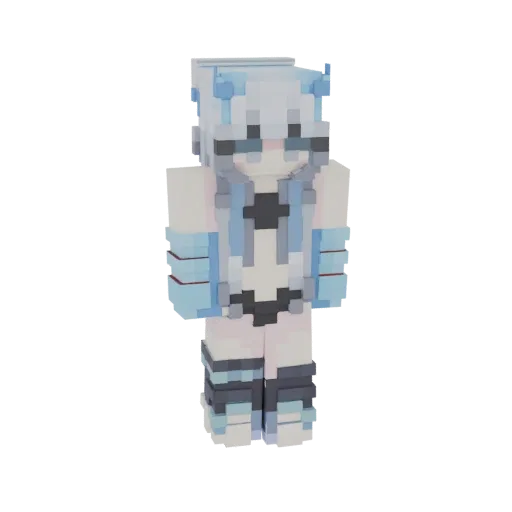 Modèle 3D fille mignonne style anime aux cheveux bleu clair, portant une tenue noire et blanche, avec des accents bleus sur l