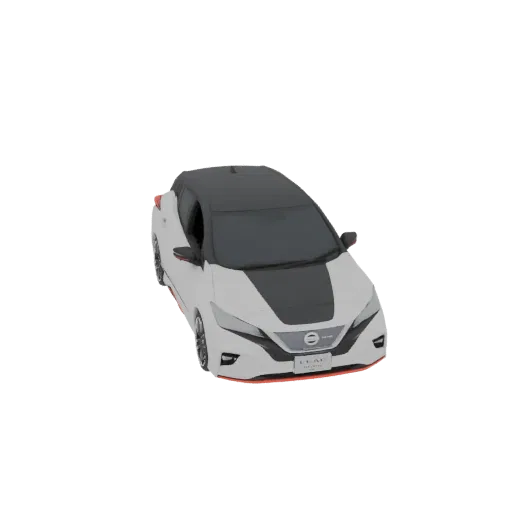 Una renderización 3D del coche Nissan LEAF NISMO Concept, con carrocería blanca, capó y techo negros, y acentos rojos.
