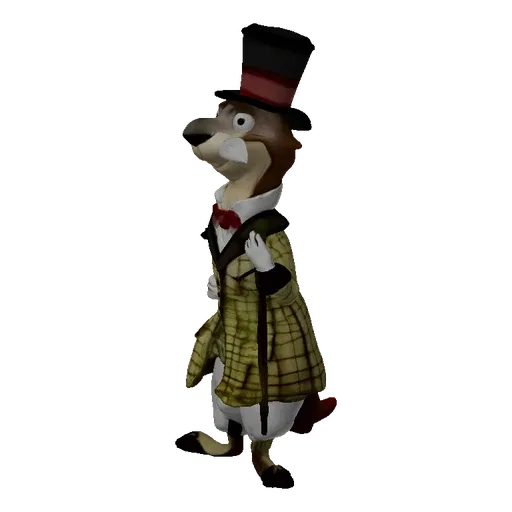 A 3D render of a dapper weasel character wearing a top hat and checkered suit, holding a cane, against a black background.
