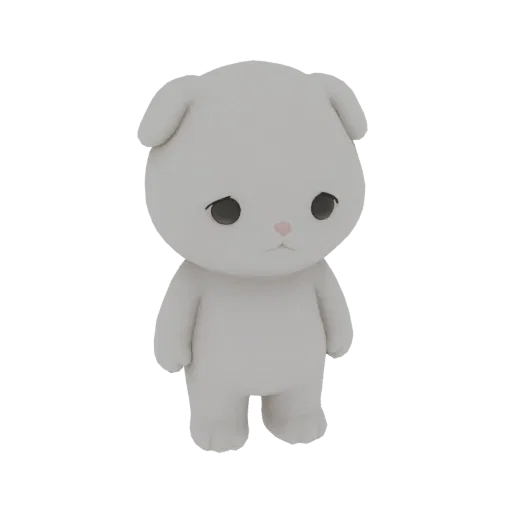 Uma renderização 3D de um cachorro pequeno e branco com olhos tristes grandes e orelhas caídas, em pé sobre um fundo branco.