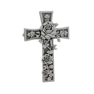 Modelo 3D de cruz ortodoxa decorada con bajorrelieve de rosas, en color gris.