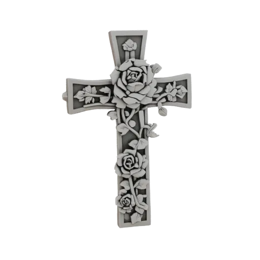 3D model of an Orthodox cross adorned with a bas-relief of roses, rendered in gray.